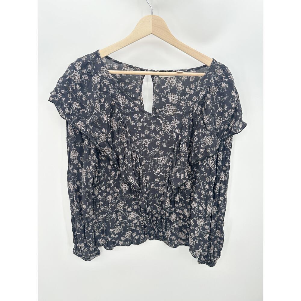 Hinge Gray Cream Floral Ruffle Long Sleeve Blouse Peasant Top Women Medium